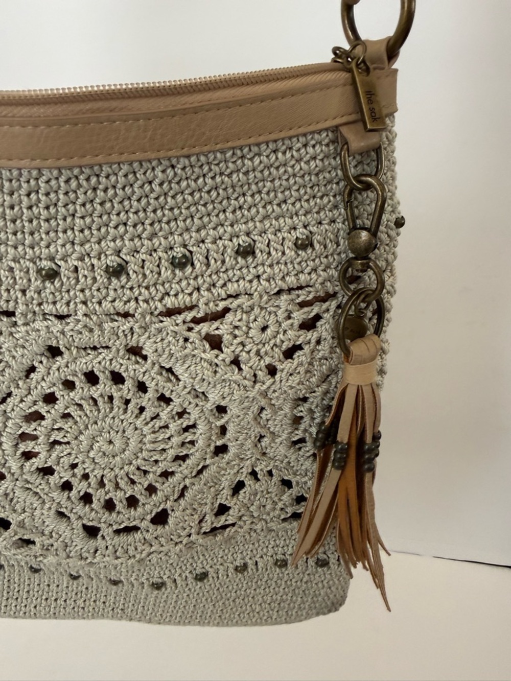 The Sak Hand-Crocheted Light Gray Crossbody Bag with Stud Accents - Picture 4 of 15